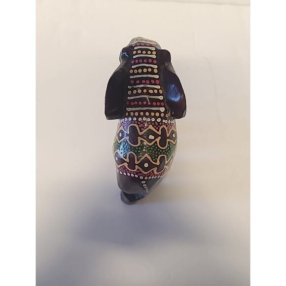 Wooden Indian Painted Elephant Figurine Dark Brown Green Pink Yellow Trunk Down - Picture 5 of 8